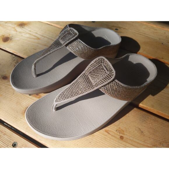 FITFLOP Rhinestone Flip Flops Size 7 Taupe Sparkle Comfort Sandals UK5 - Picture 1 of 9